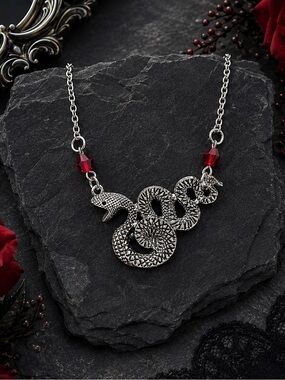 Gothic Silver Tone Snake Necklace Red Beads Serpent Pendant